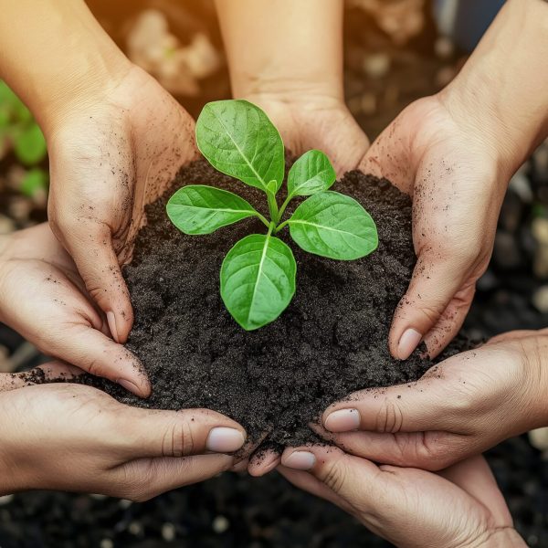 Multiple Hands Protecting Green Plant Seedling Teamwork Environmental Care Community Conservation Collaboration Nature Protection Together