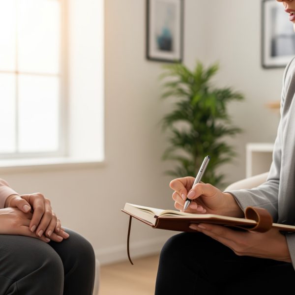 Professional therapist taking notes during a private counseling session