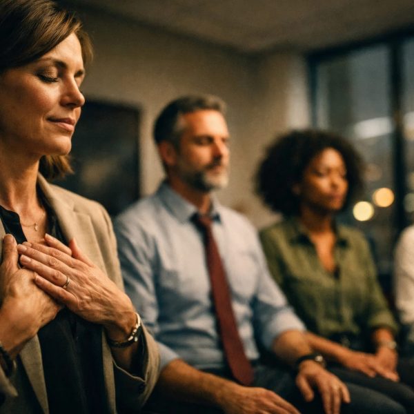 Business team mindfulness session, woman practicing breathing and gratitude with coworkers in modern office wellness workshop.