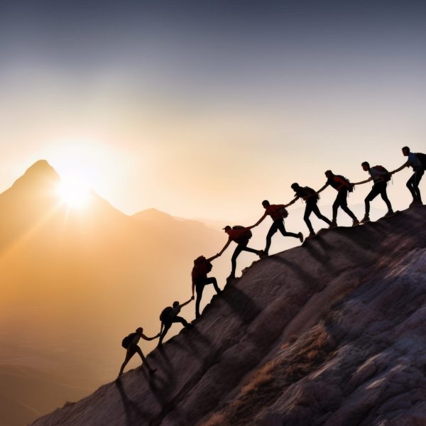 group of people on mountain peak helping team members climb on the top